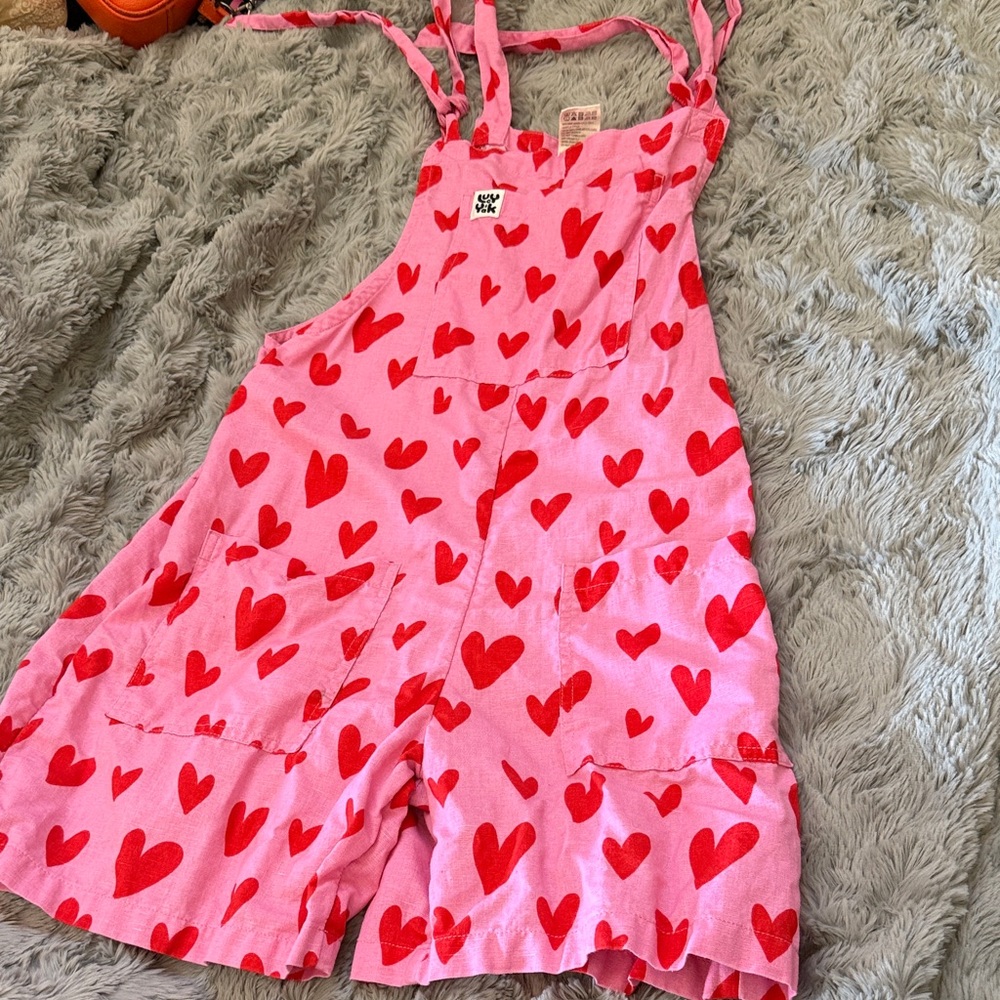 Lucy & Yak Pink Overalls with Red Hearts